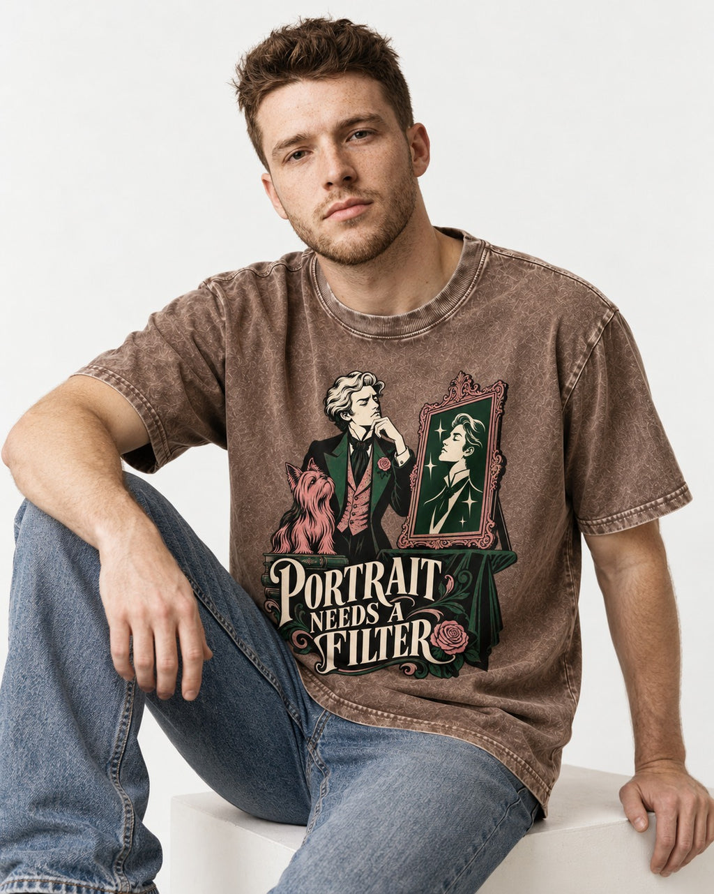 Yorkshire Terrier Needs a Filter Washed Tee in Coffee, worn by a seated model