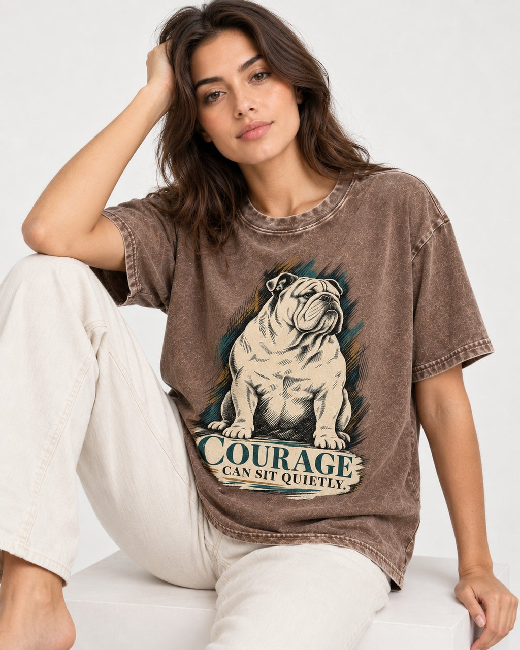 English Bulldog Courage Can Sit Quietly Washed Tee in Coffee, worn by a seated model