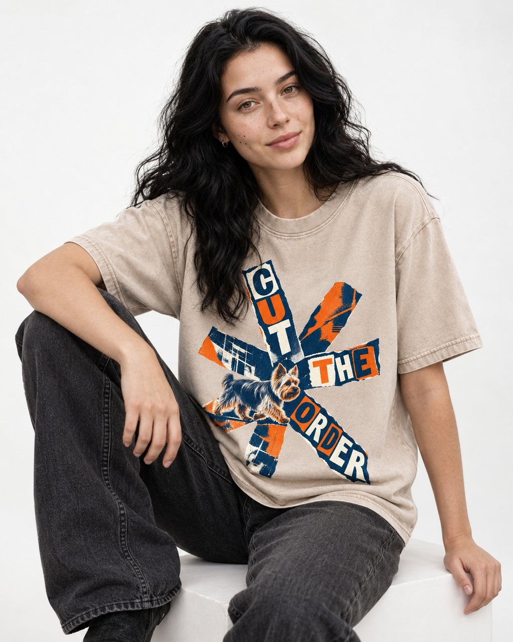 Yorkshire Terrier Cut the Order Radial Collage Graphic Washed Tee in Apricot, worn by a seated model