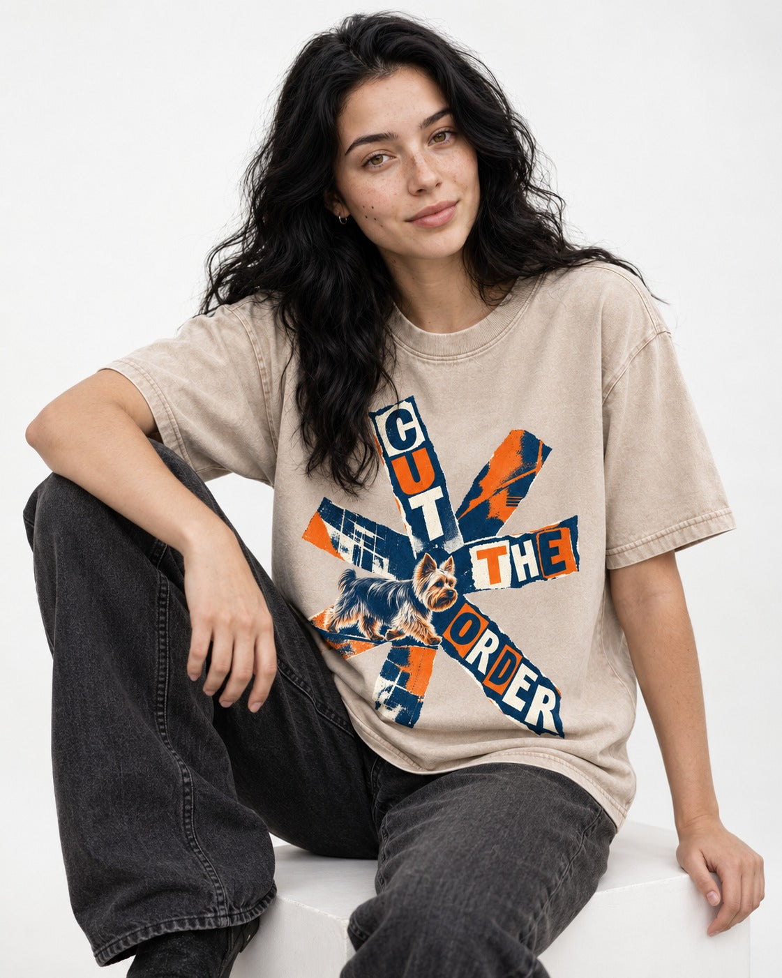 Yorkshire Terrier Cut the Order Radial Collage Graphic Washed Tee in Apricot, worn by a seated model