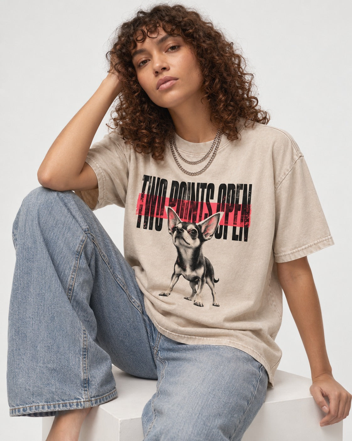 Two Points Open Chihuahua Washed Tee in Apricot, worn by a seated model