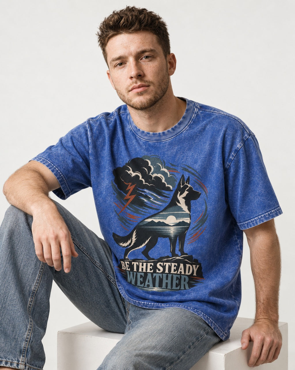 Be the Steady Weather Storm German Shepherd Dog Graphic Washed Tee in Royal Blue, worn by a seated model