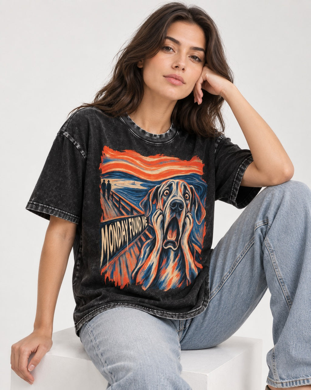 Great Dane Monday Found Me Scream Parody Graphic Washed Tee in Black, worn by a seated model