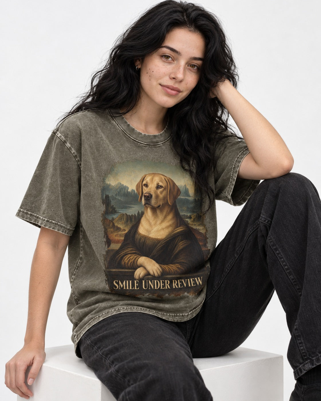 Labrador Retriever Smile Under Review Mona Lisa Graphic Washed Tee in Army Green, worn by a seated model