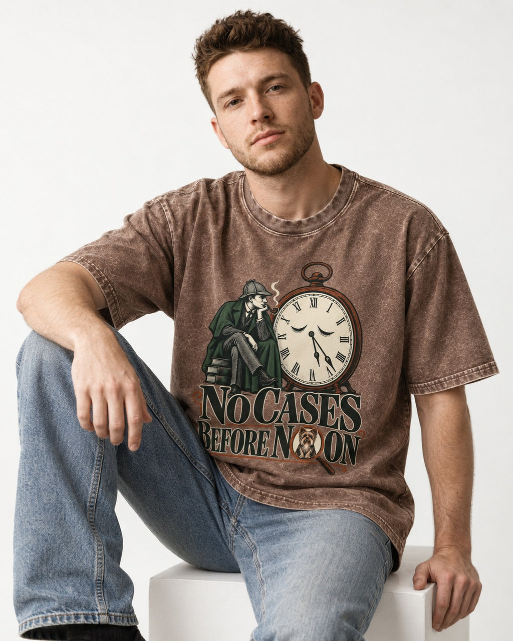 No Cases Before Noon Yorkshire Terrier Washed Tee in Coffee, worn by a seated model