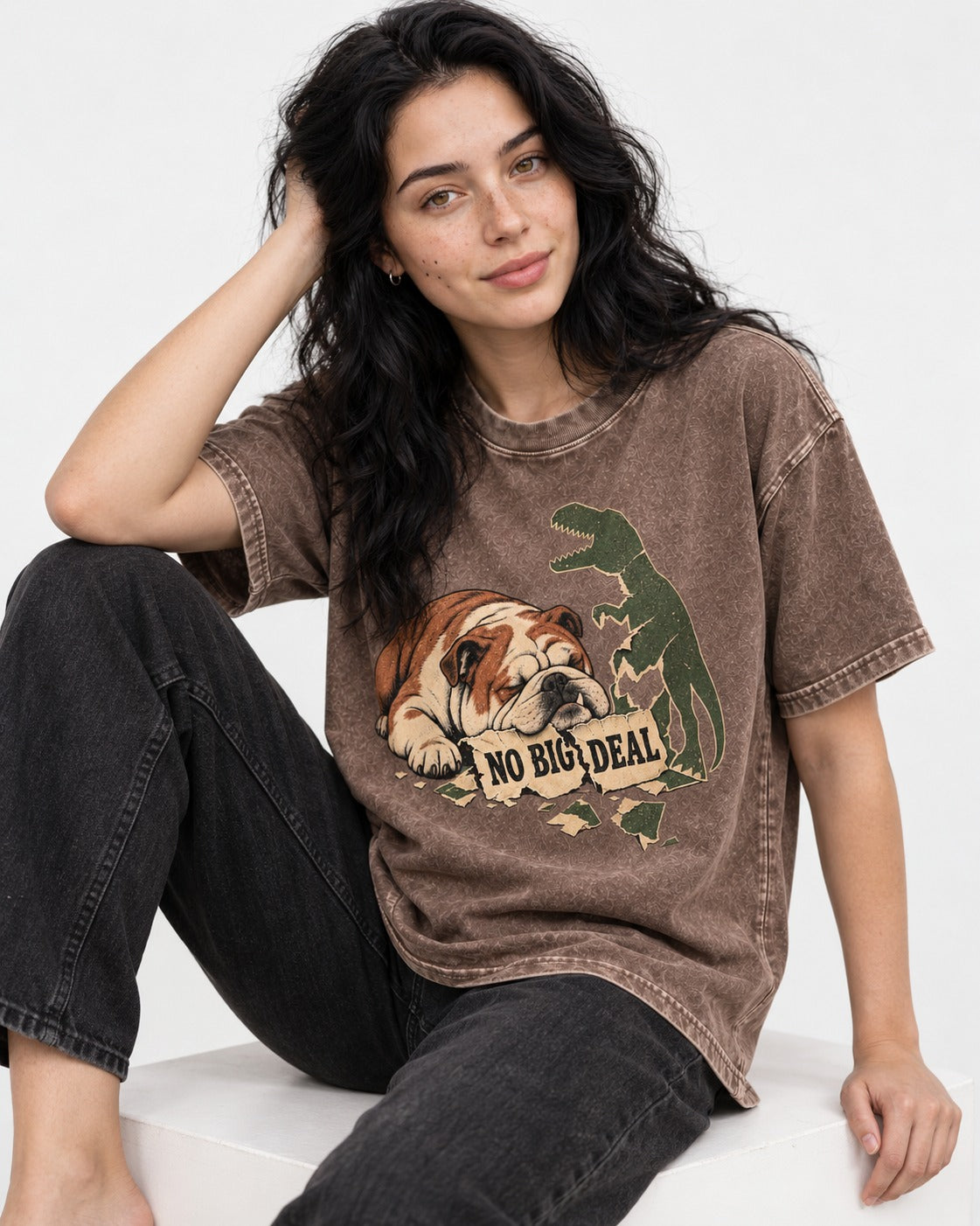 English Bulldog No Big Deal Dinosaur Graphic Washed Tee in Coffee, worn by a seated model