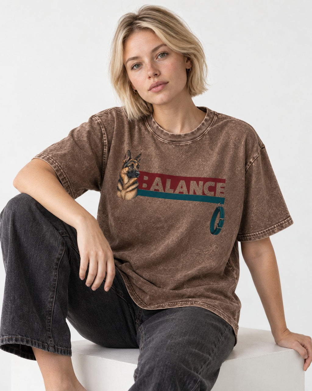 German Shepherd Dog Balance Washed Tee in Coffee, worn by a seated model