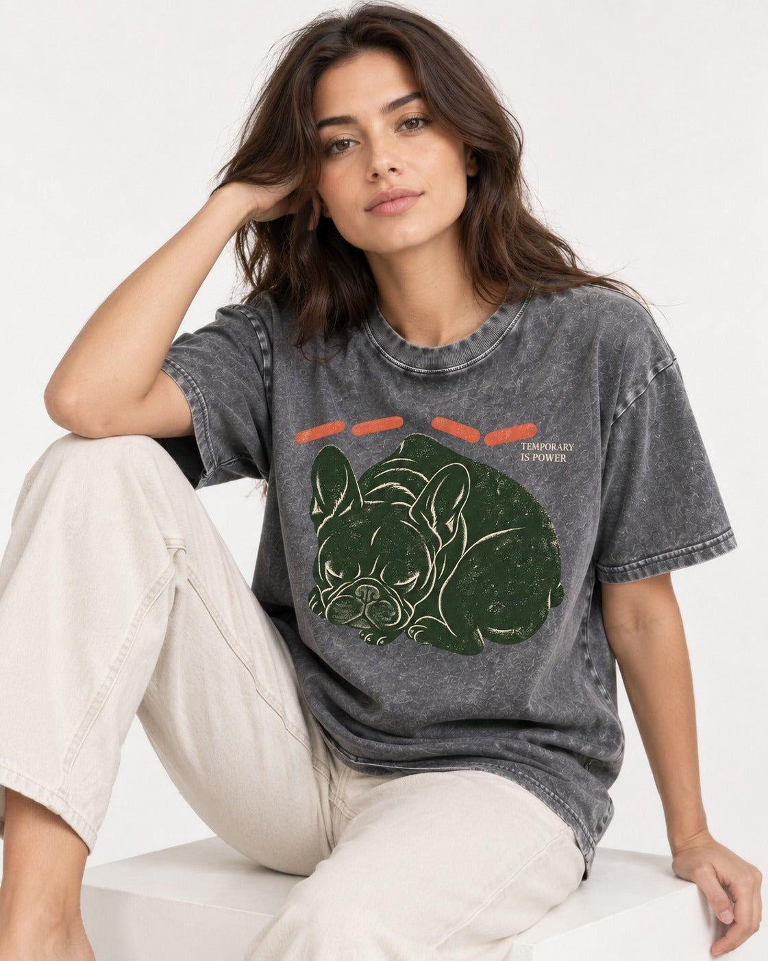 Frenchie Temporary Is Power Rest Graphic Washed Tee in Gray, worn by a seated model