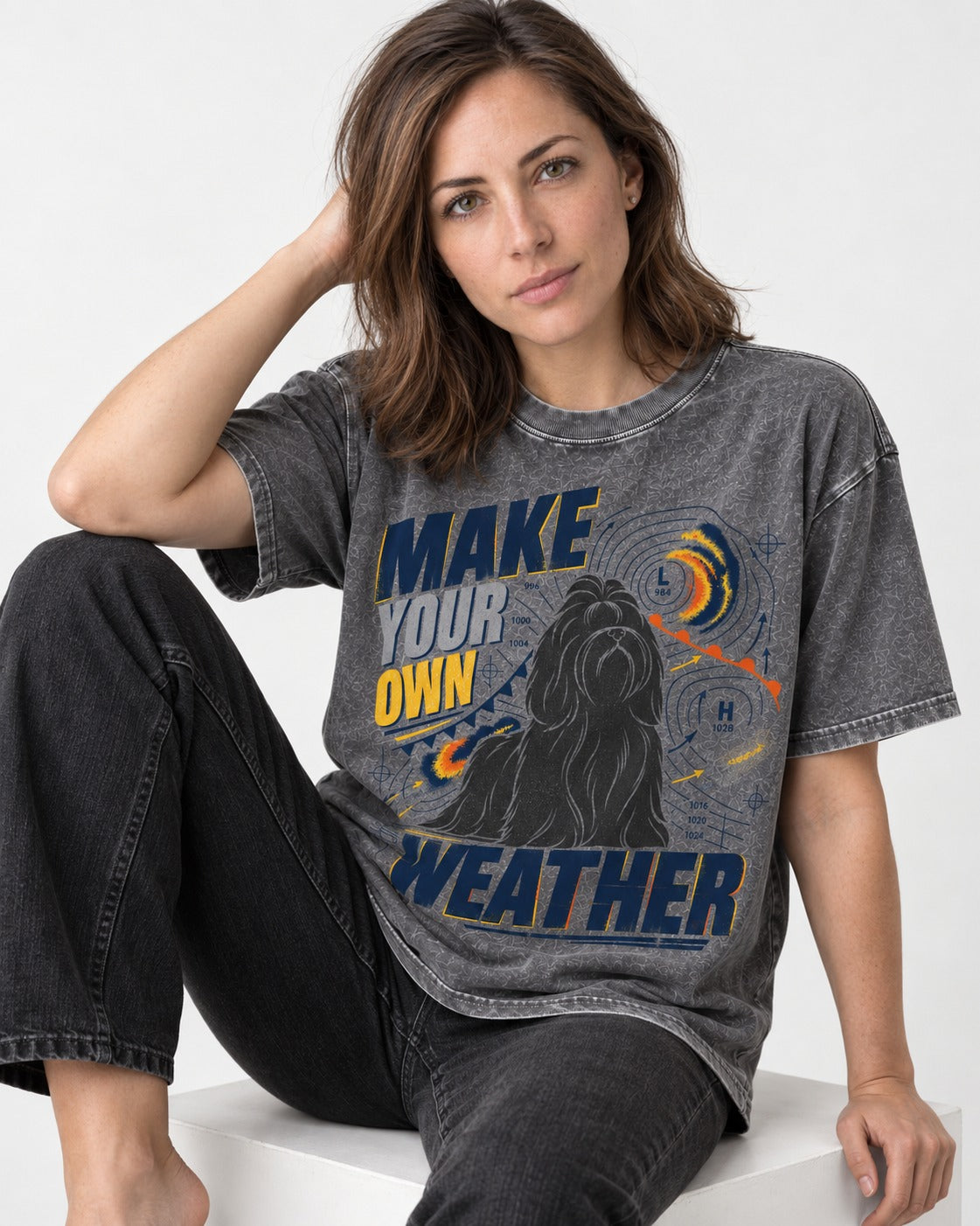 Shih Tzu Make Your Own Weather Washed Tee in Gray, worn by a seated model