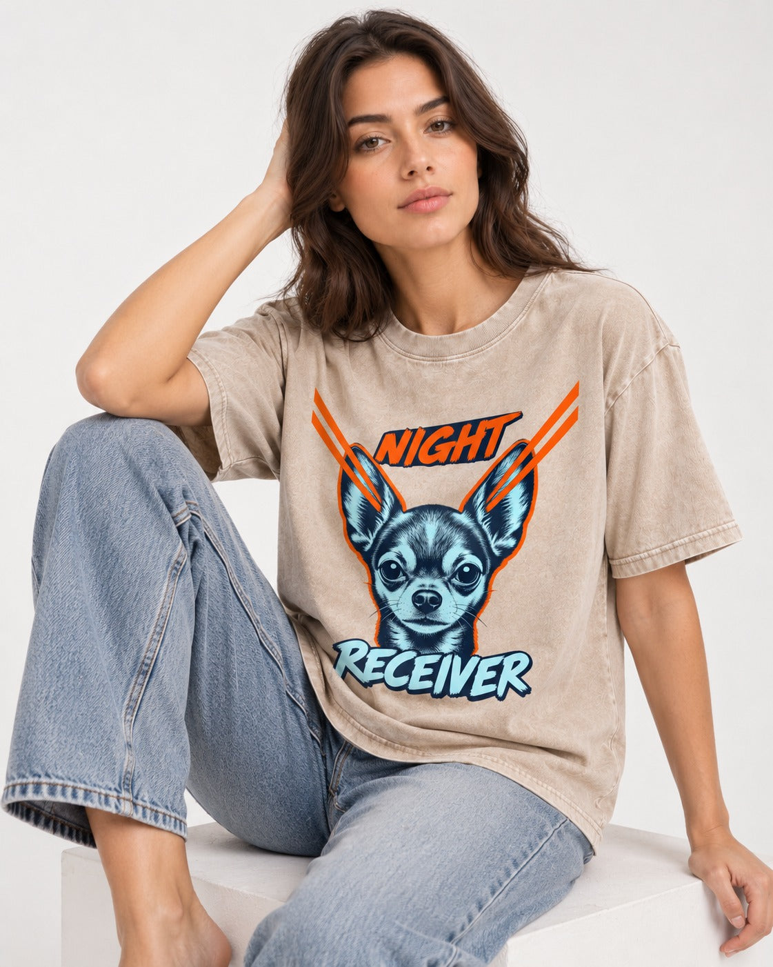 Chihuahua Night Receiver Signal Portrait Graphic Washed Tee in Apricot, worn by a seated model