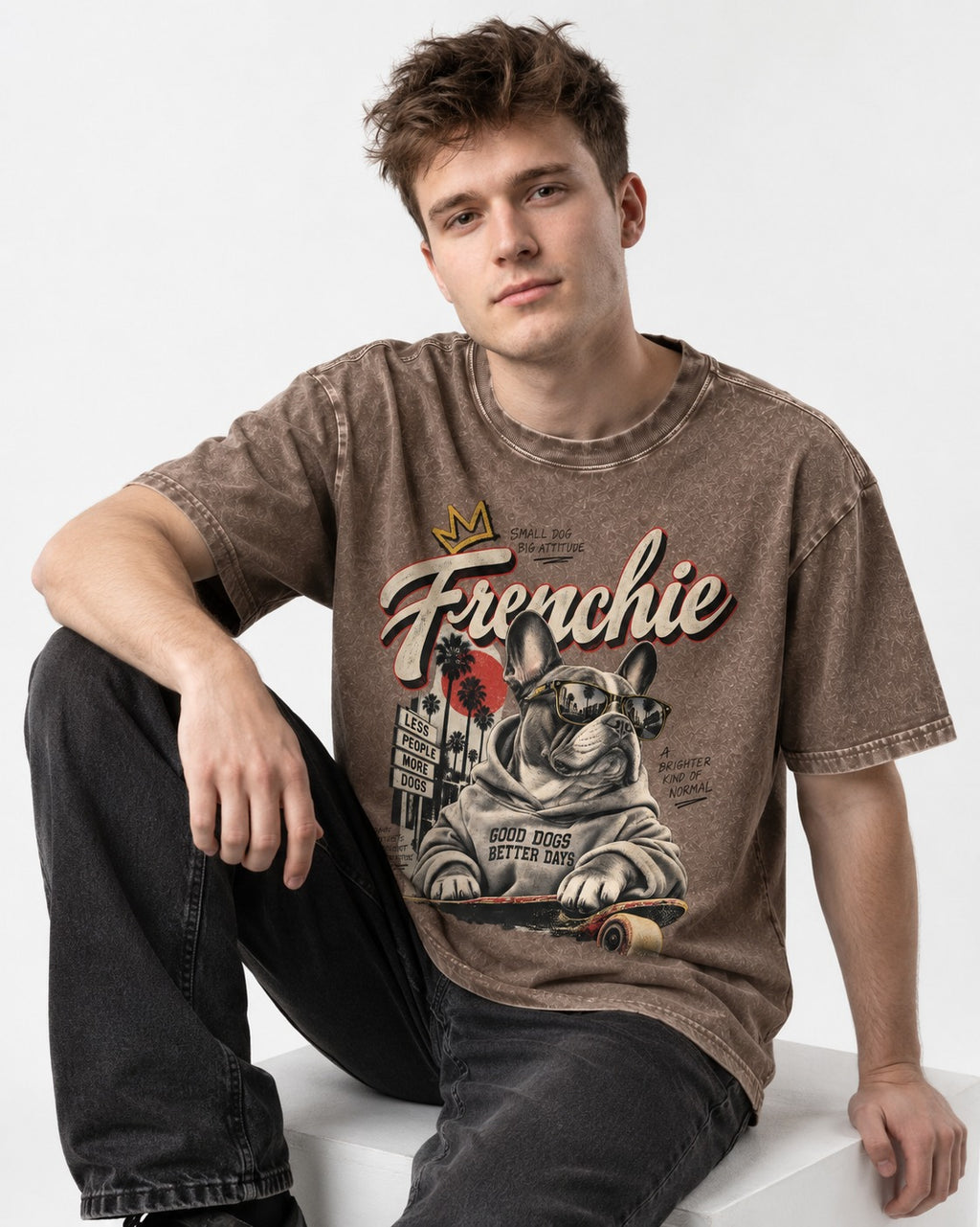 Frenchie Better Days Washed Tee in Coffee, worn by a seated model