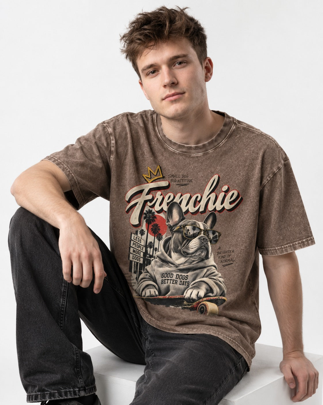 Frenchie Better Days Washed Tee in Coffee, worn by a seated model