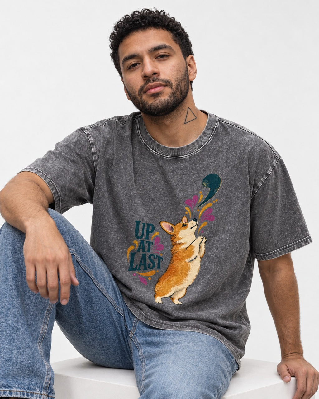 Corgi Up at Last Washed Tee in Gray, worn by a seated model