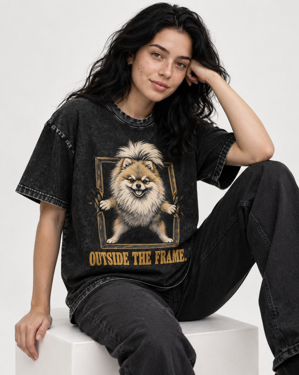 Pomeranian Outside the Frame Breakthrough Graphic Washed Tee in Black, worn by a seated model