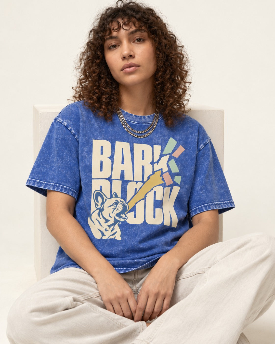 Frenchie Bark Breaks Bark Block Graphic Washed Tee in Royal Blue, worn by a seated model