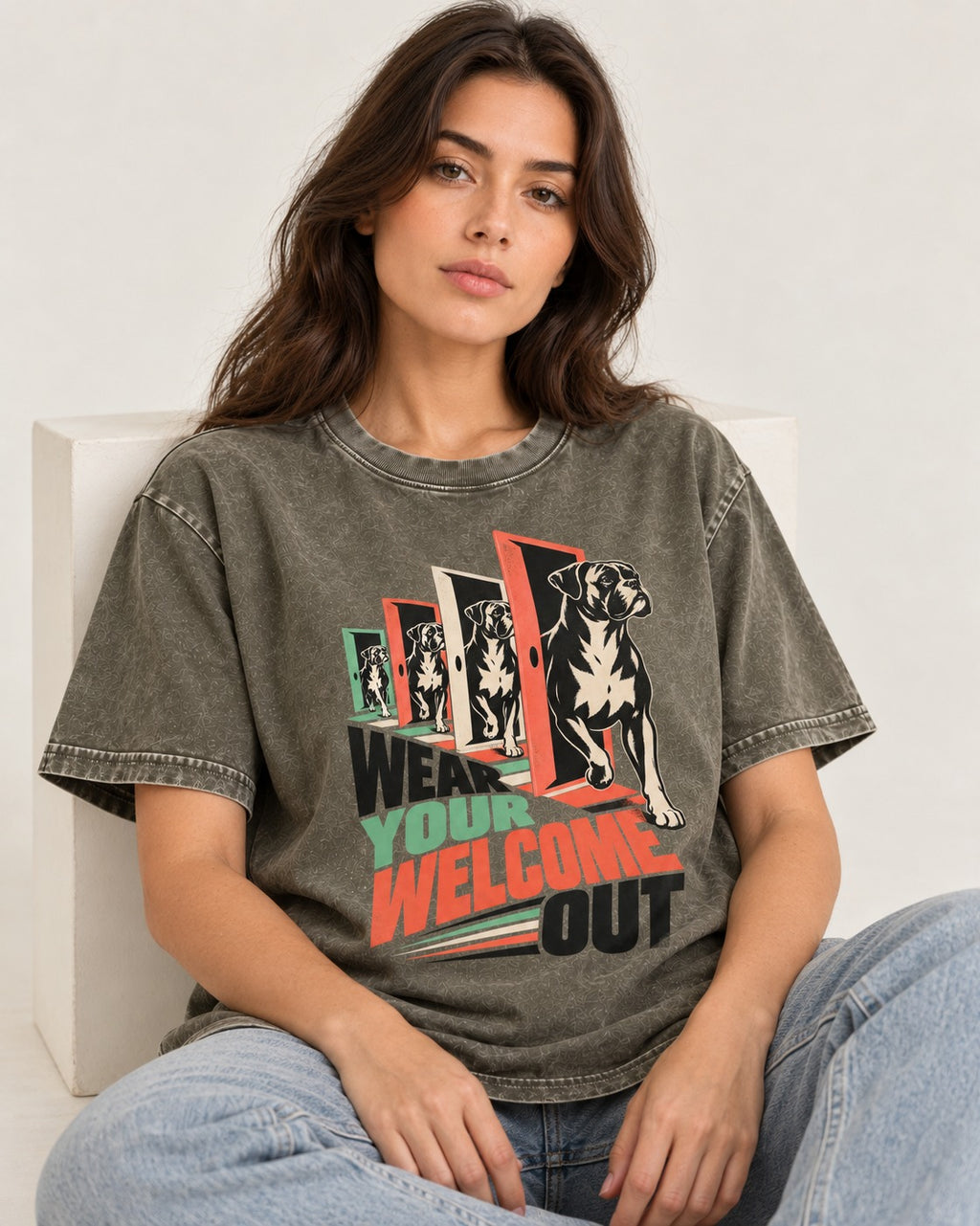 Wear Your Welcome Out Boxer Doorway Progression Graphic Washed Tee in Army Green, worn by a seated model