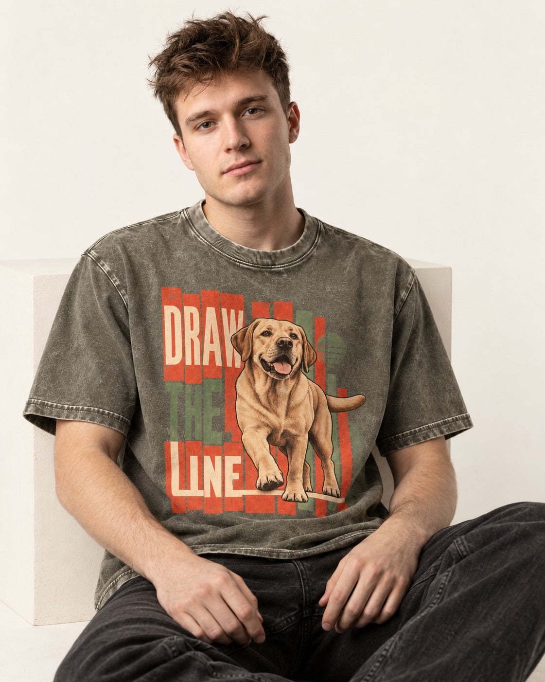 Labrador Retriever Draw the Line Stepping Graphic Washed Tee in Army Green, worn by a seated model