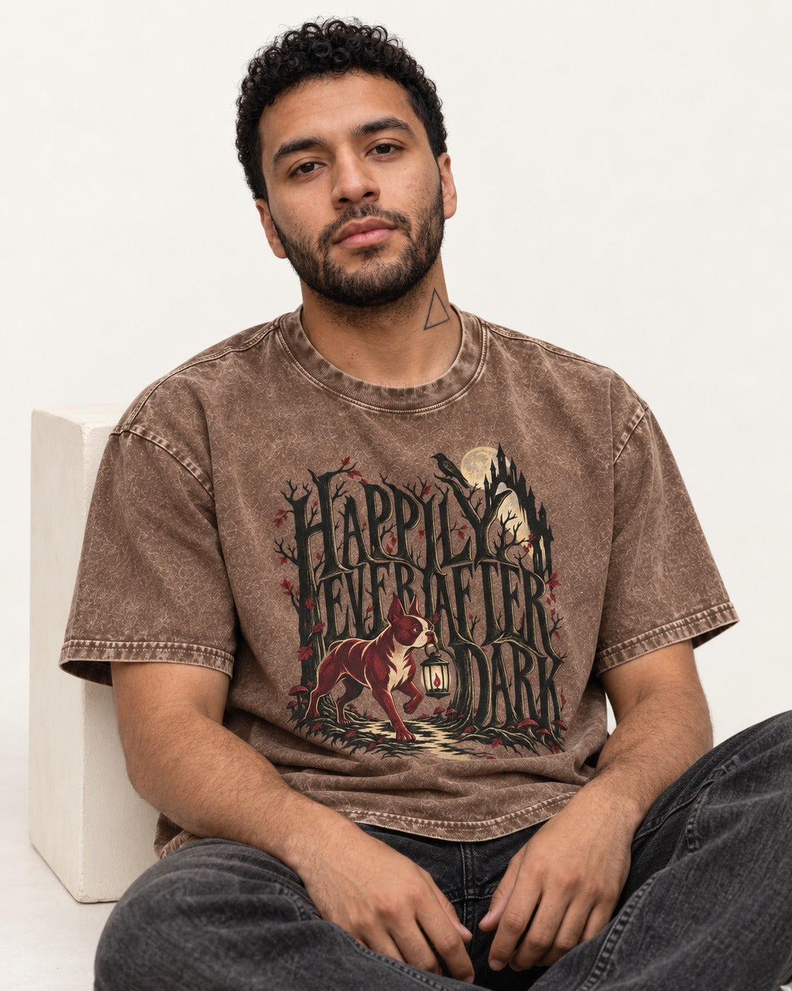 Happily Ever After Dark Boston Terrier Washed Tee in Coffee, worn by a seated model