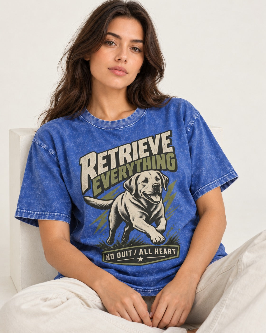 Labrador Retriever Retrieve Everything No Quit All Heart Running Graphic Washed Tee in Royal Blue, worn by a seated model