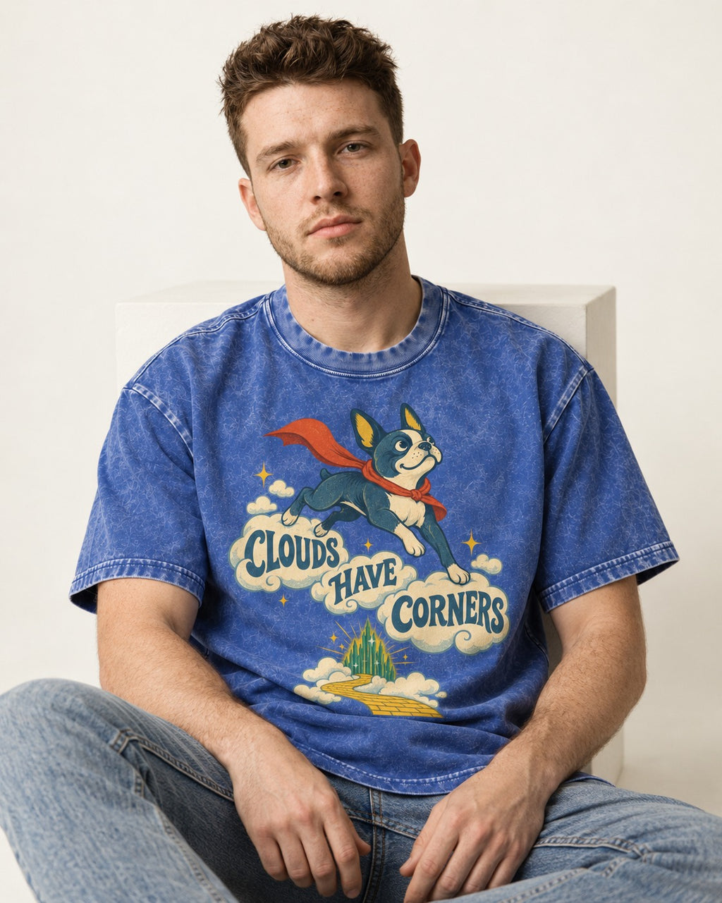 Clouds Have Corners Boston Terrier Washed Tee in Royal Blue, worn by a seated model