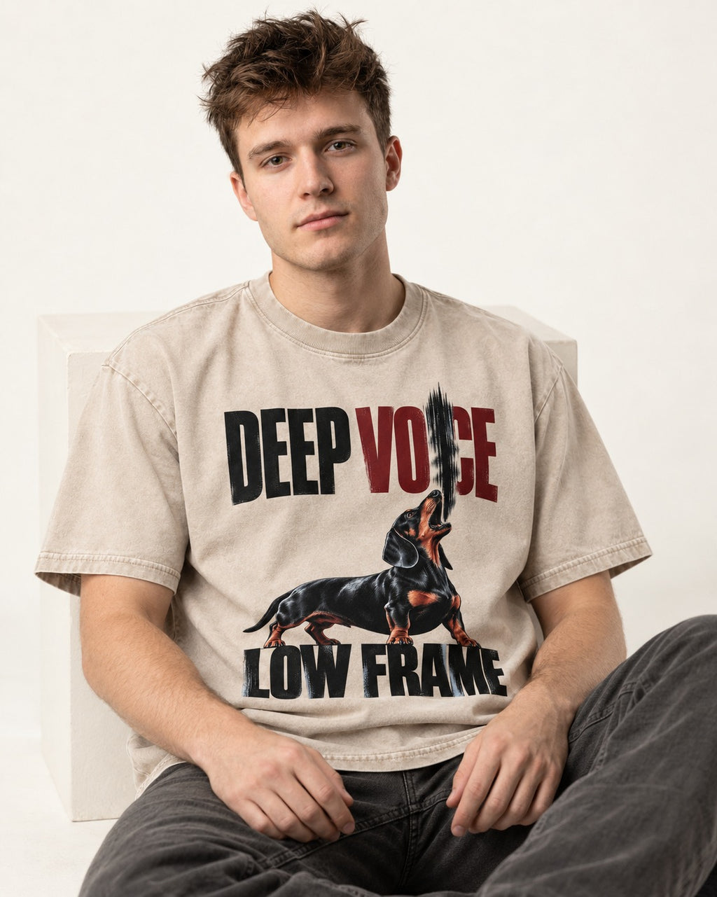 Deep Voice Low Frame Dachshund Washed Tee in Apricot, worn by a seated model