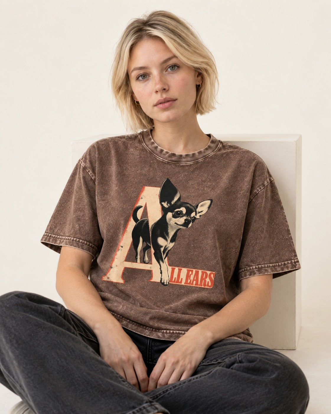All Ears Chihuahua Washed Tee in Coffee, worn by a seated model