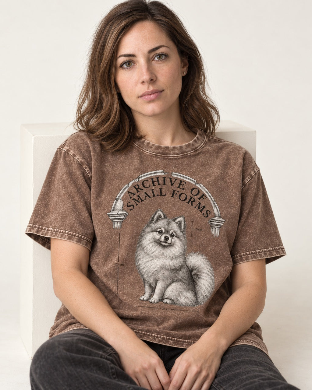 Pomeranian Archive of Small Forms Washed Tee in Coffee, worn by a seated model
