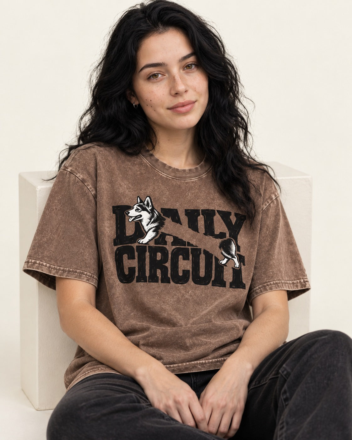 Daily Corgi Circuit Washed Tee in Coffee, worn by a seated model