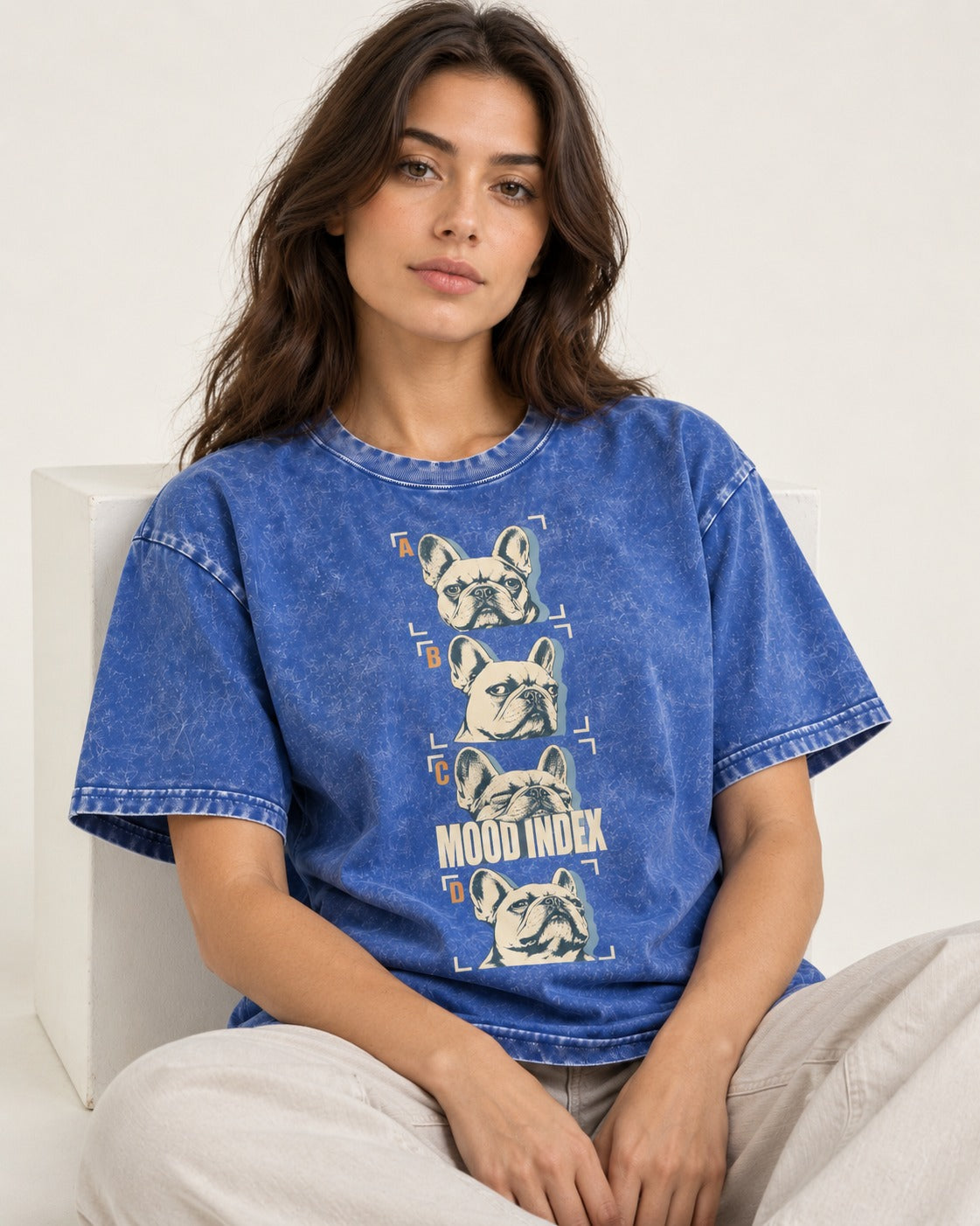 Frenchie Mood Index Four-Panel Strip Graphic Washed Tee in Royal Blue, worn by a seated model