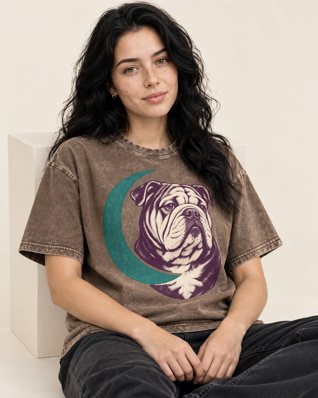 Moonstruck English Bulldog Washed Tee in Coffee, worn by a seated model