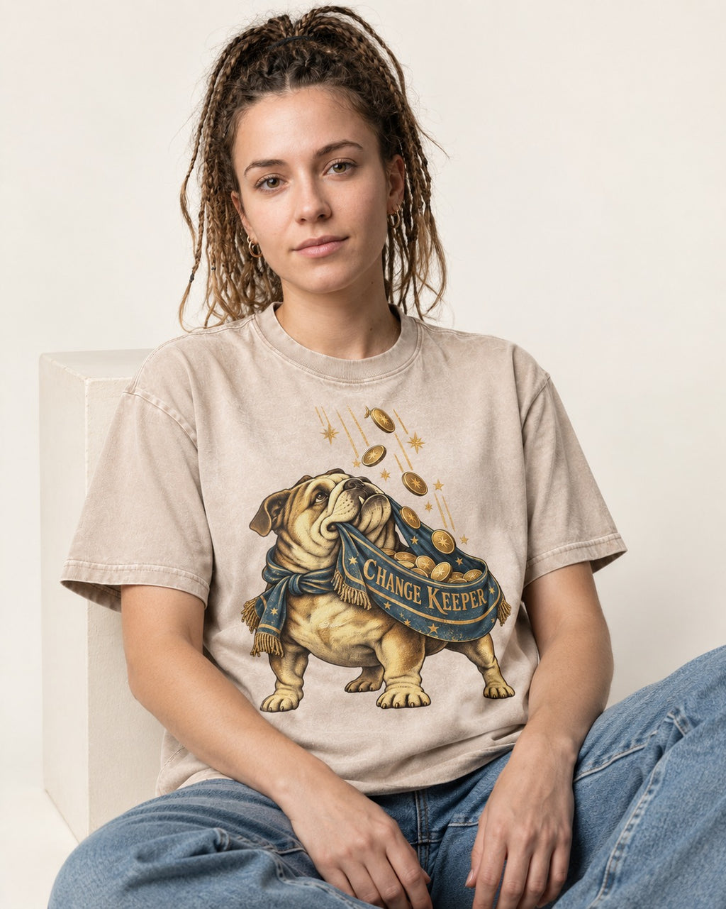 English Bulldog Change Keeper Coin Scarf Graphic Washed Tee in Apricot, worn by a seated model