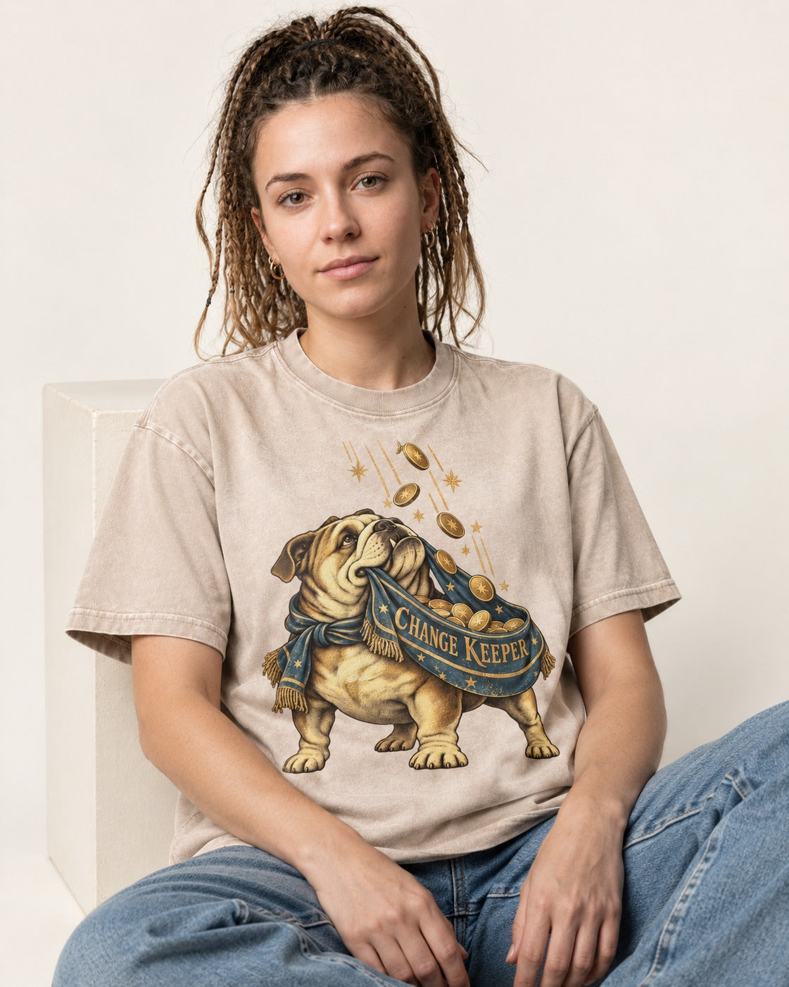 English Bulldog Change Keeper Coin Scarf Graphic Washed Tee in Apricot, worn by a seated model