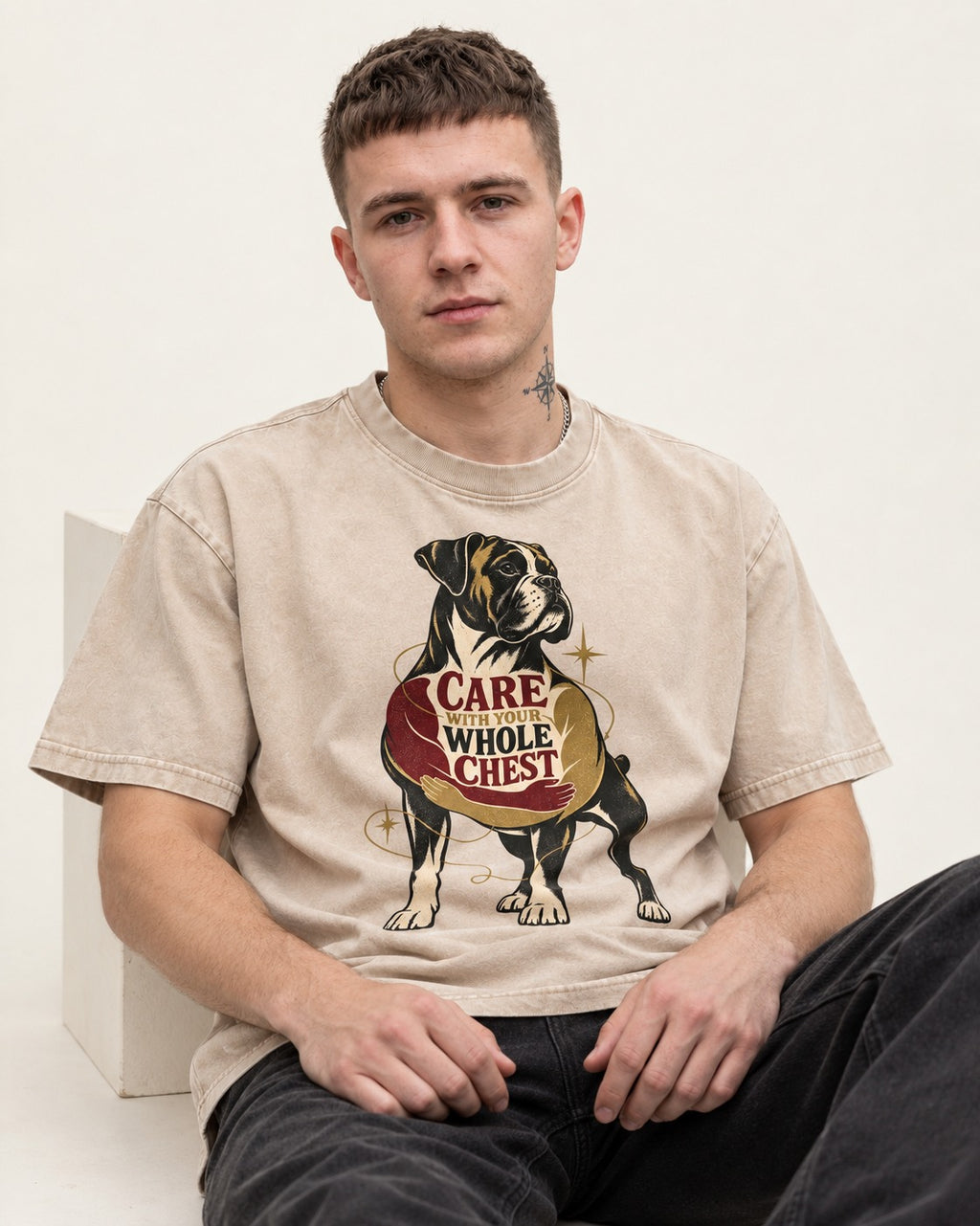 Boxer Care With Your Whole Chest Washed Tee in Apricot, worn by a seated model