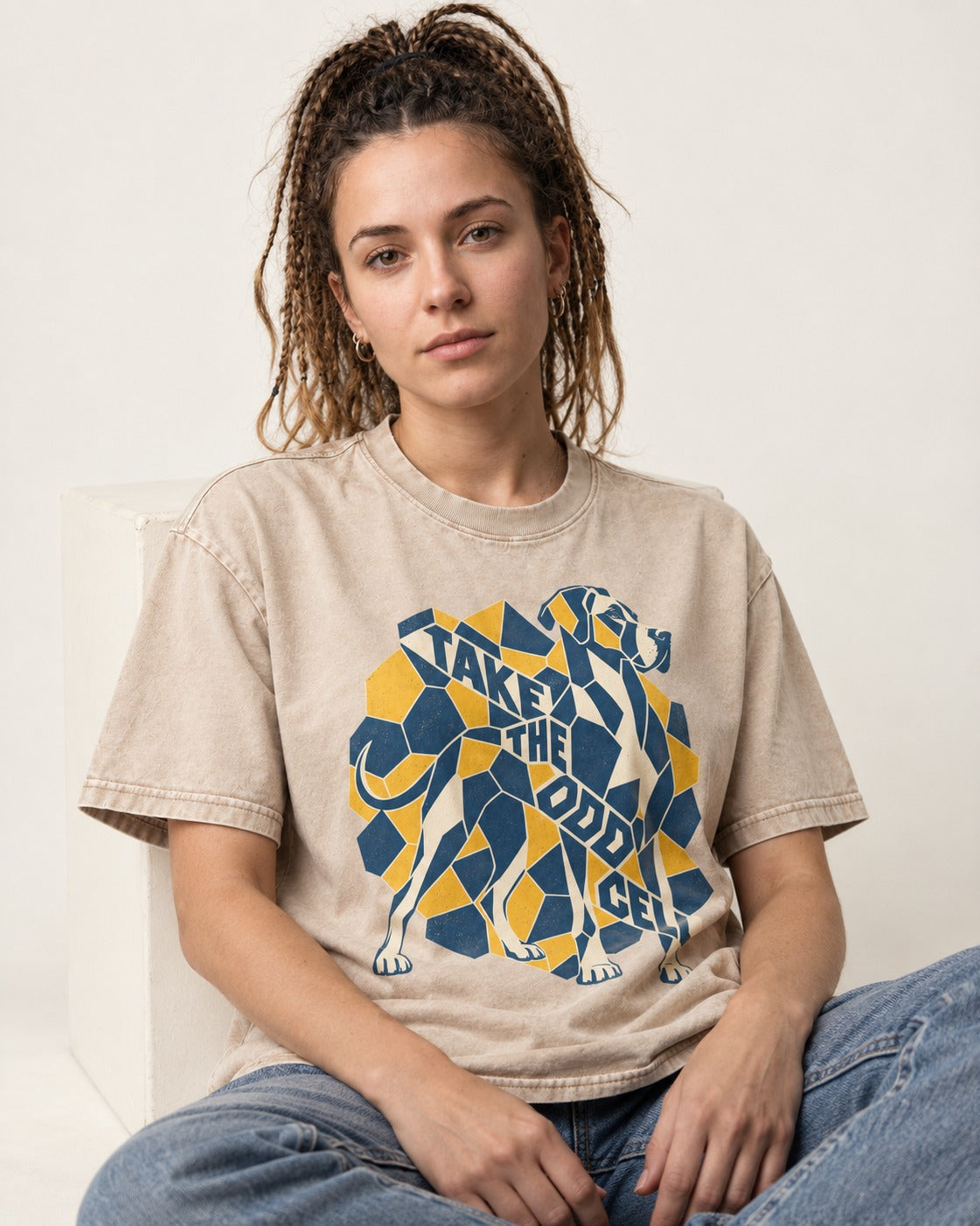 Take the Odd Cell Great Dane Washed Tee in Apricot, worn by a seated model