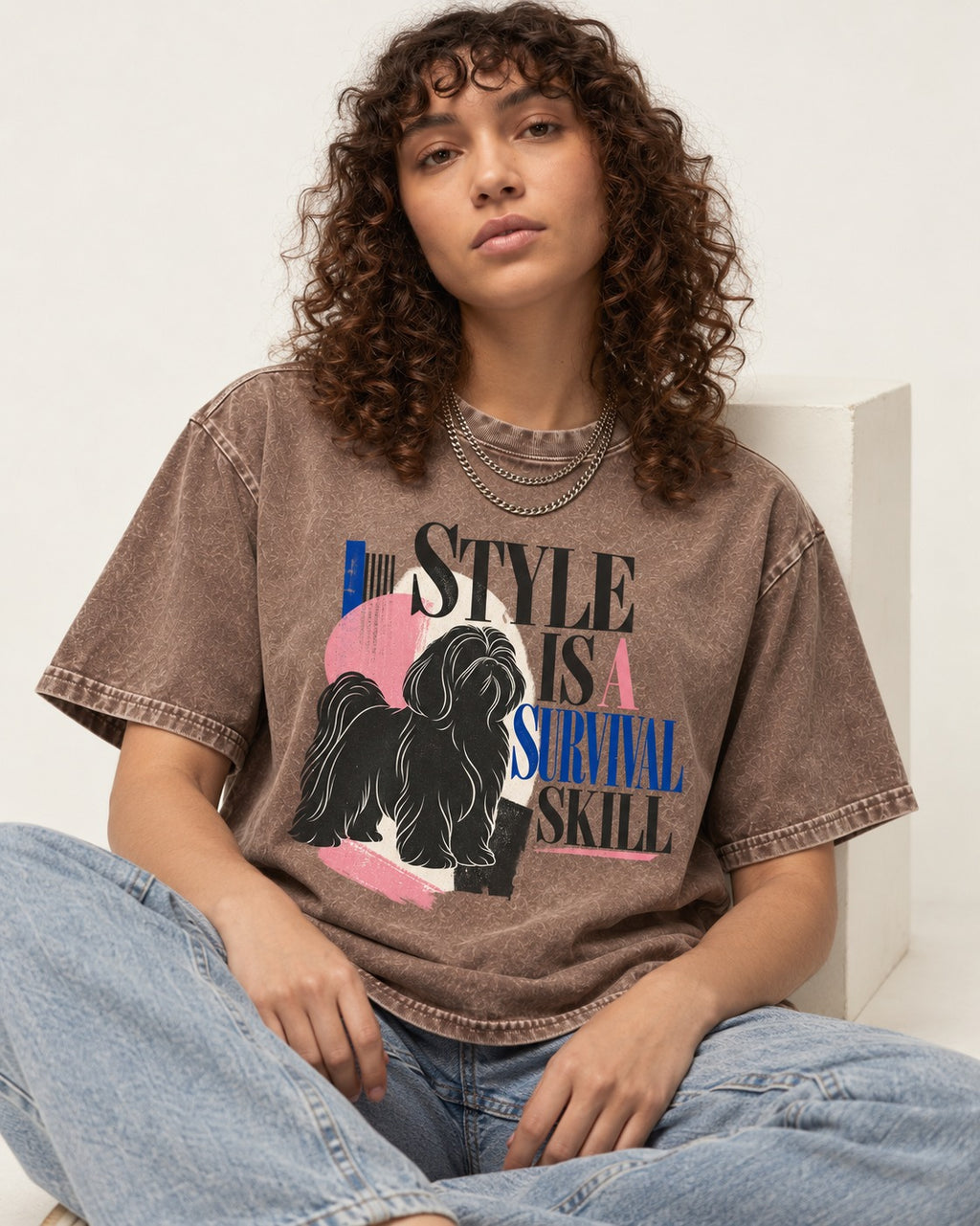 Shih Tzu Survival Skill Washed Tee in Coffee, worn by a seated model