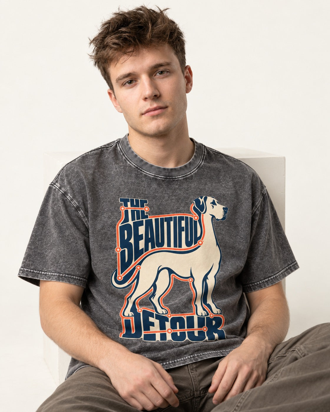 Great Dane's Beautiful Detour Washed Tee in Gray, worn by a seated model