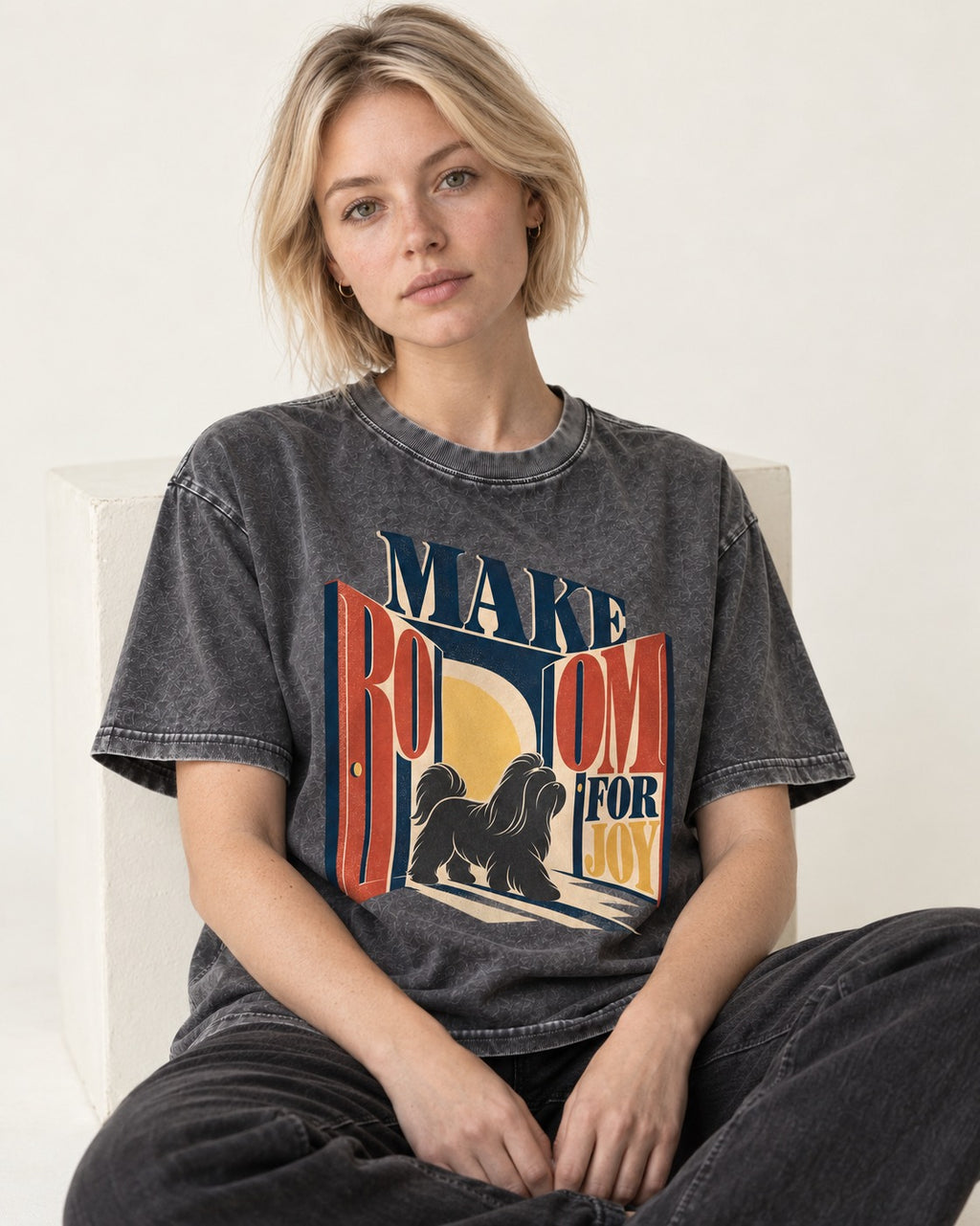 Shih Tzu Make Room for Joy Doorway Graphic Washed Tee in Gray, worn by a seated model
