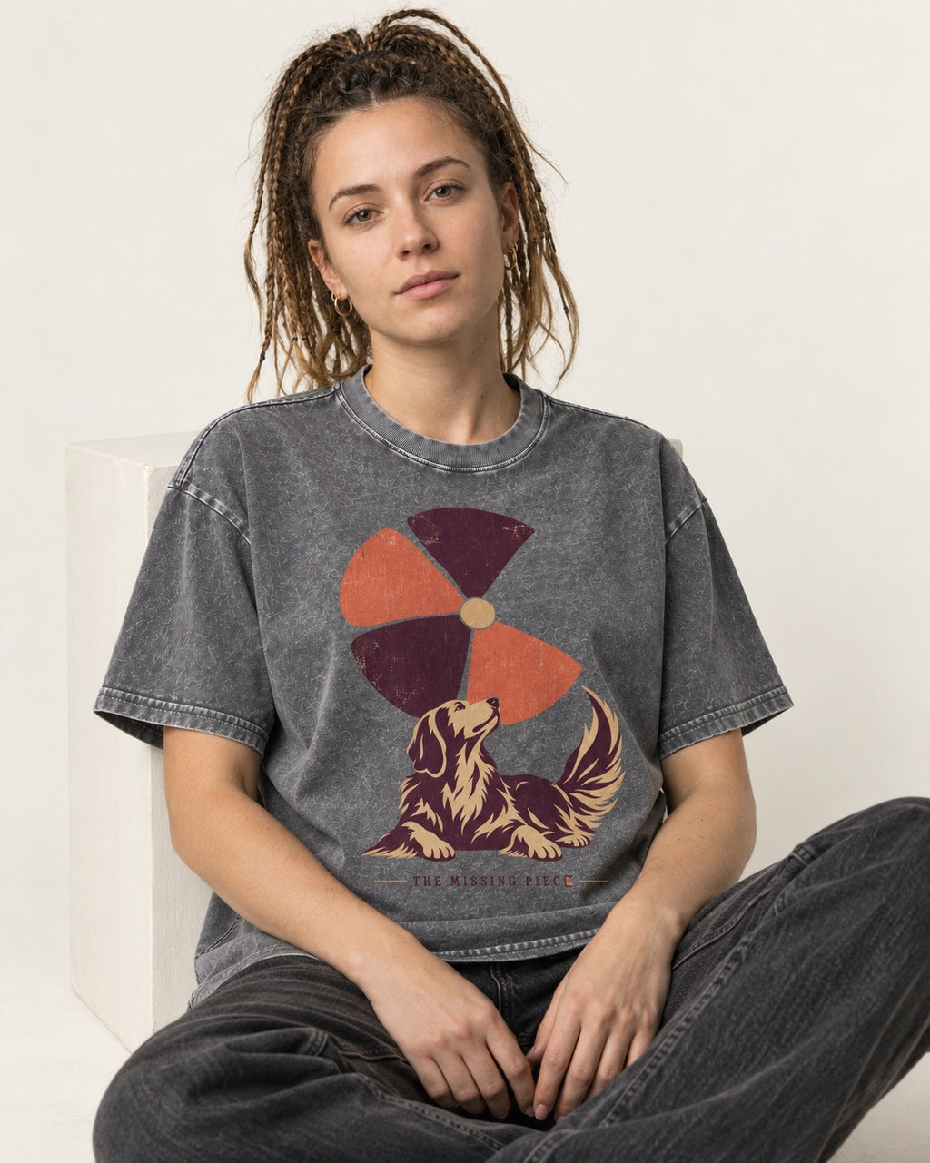 Golden Retriever Is My Missing Piece Washed Tee in Gray, worn by a seated model