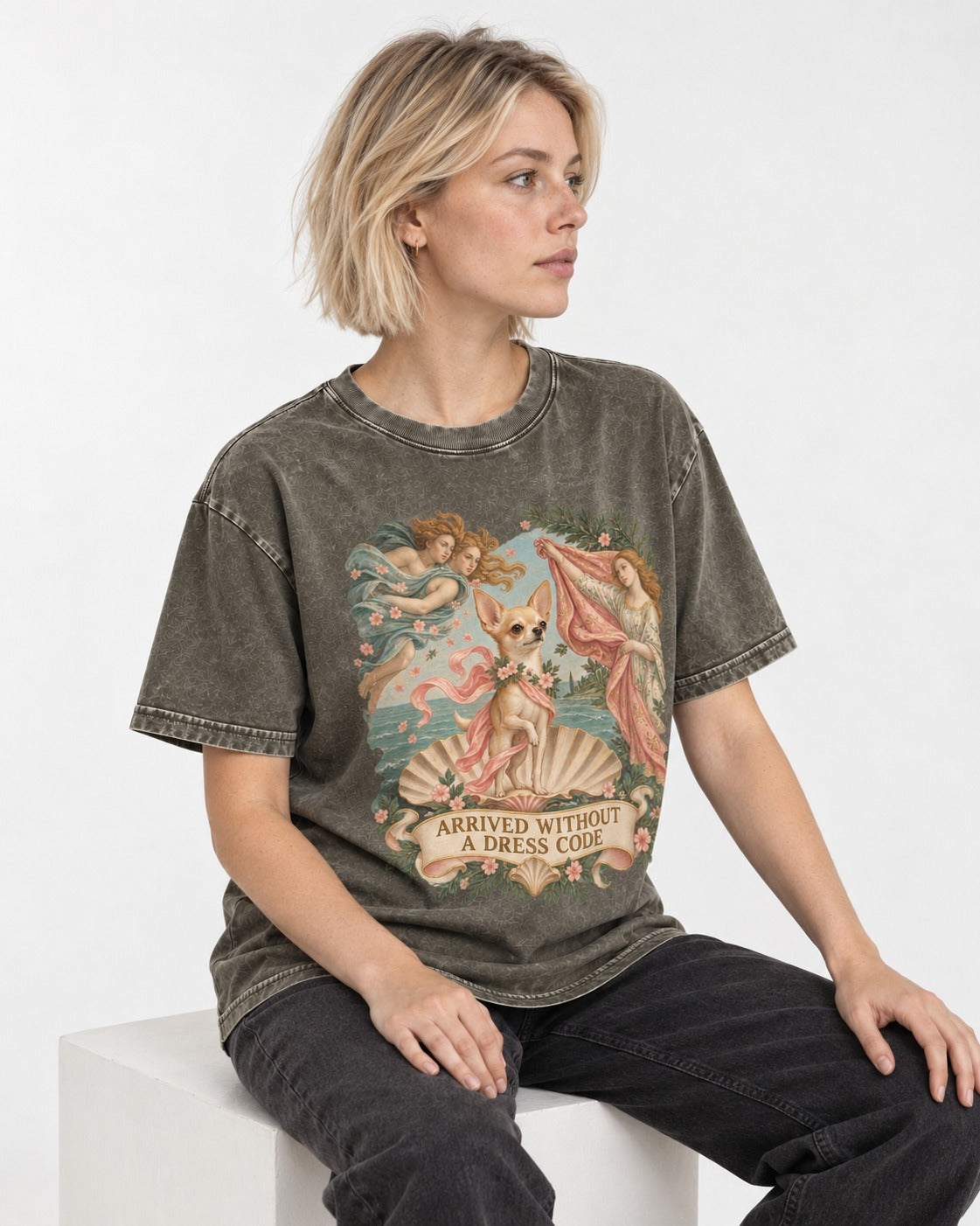 Chihuahua Arrived Without a Dress Code Classical Shell Scene Washed Tee in Army Green, worn by a seated model