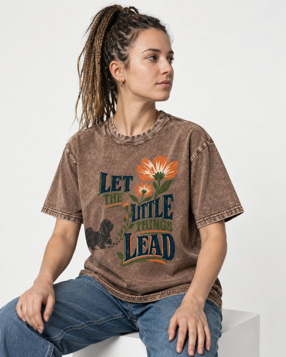 Let the Shih Tzu Lead Washed Tee in Coffee, worn by a seated model