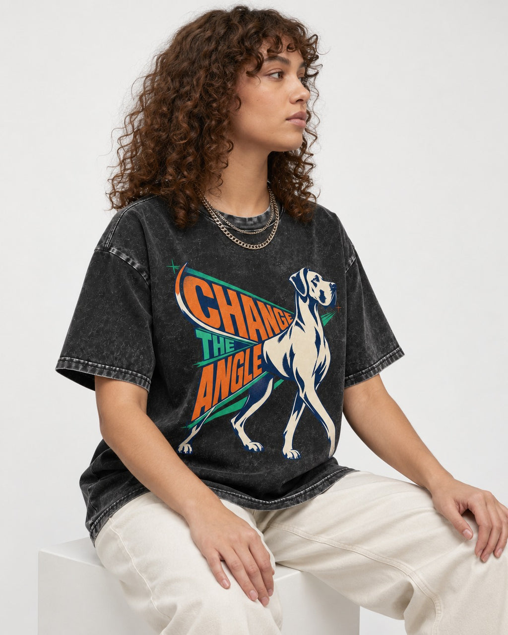 Great Dane Change the Angle Walking Graphic Washed Tee in Black, worn by a seated model