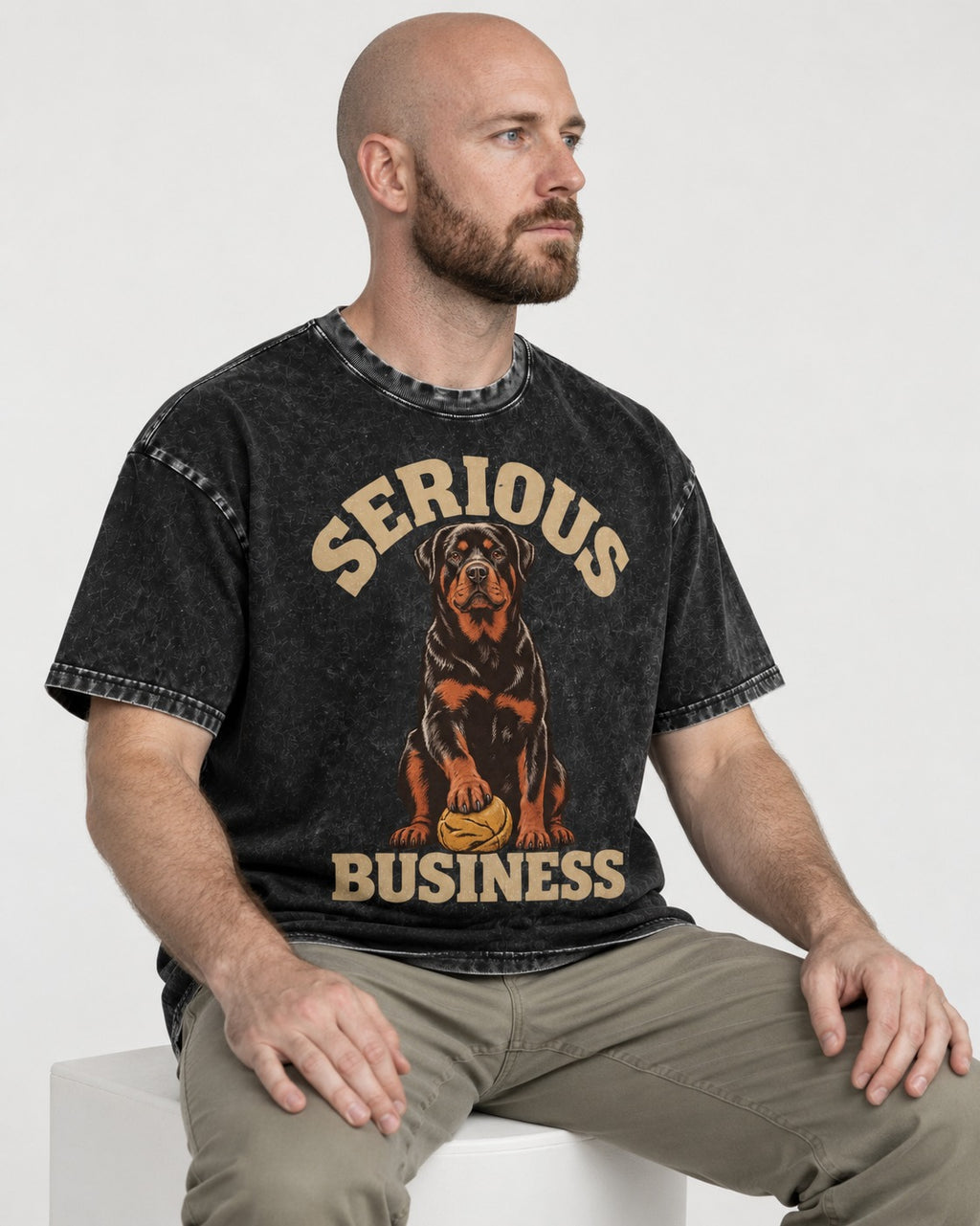 Rottweiler Serious Business Ball Under Paw Graphic Washed Tee in Black, worn by a seated model
