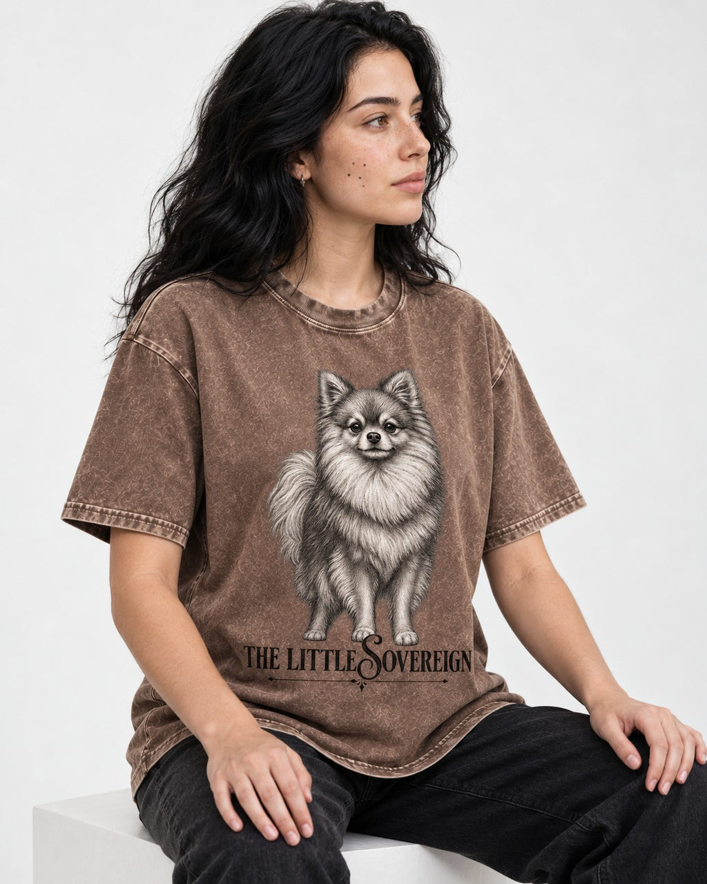 The Little Sovereign Pomeranian Washed Tee in Coffee, worn by a seated model