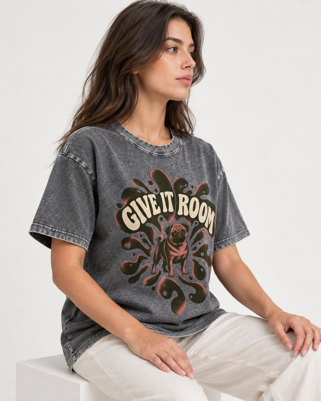 Give Pug Room Washed Tee in Gray, worn by a seated model