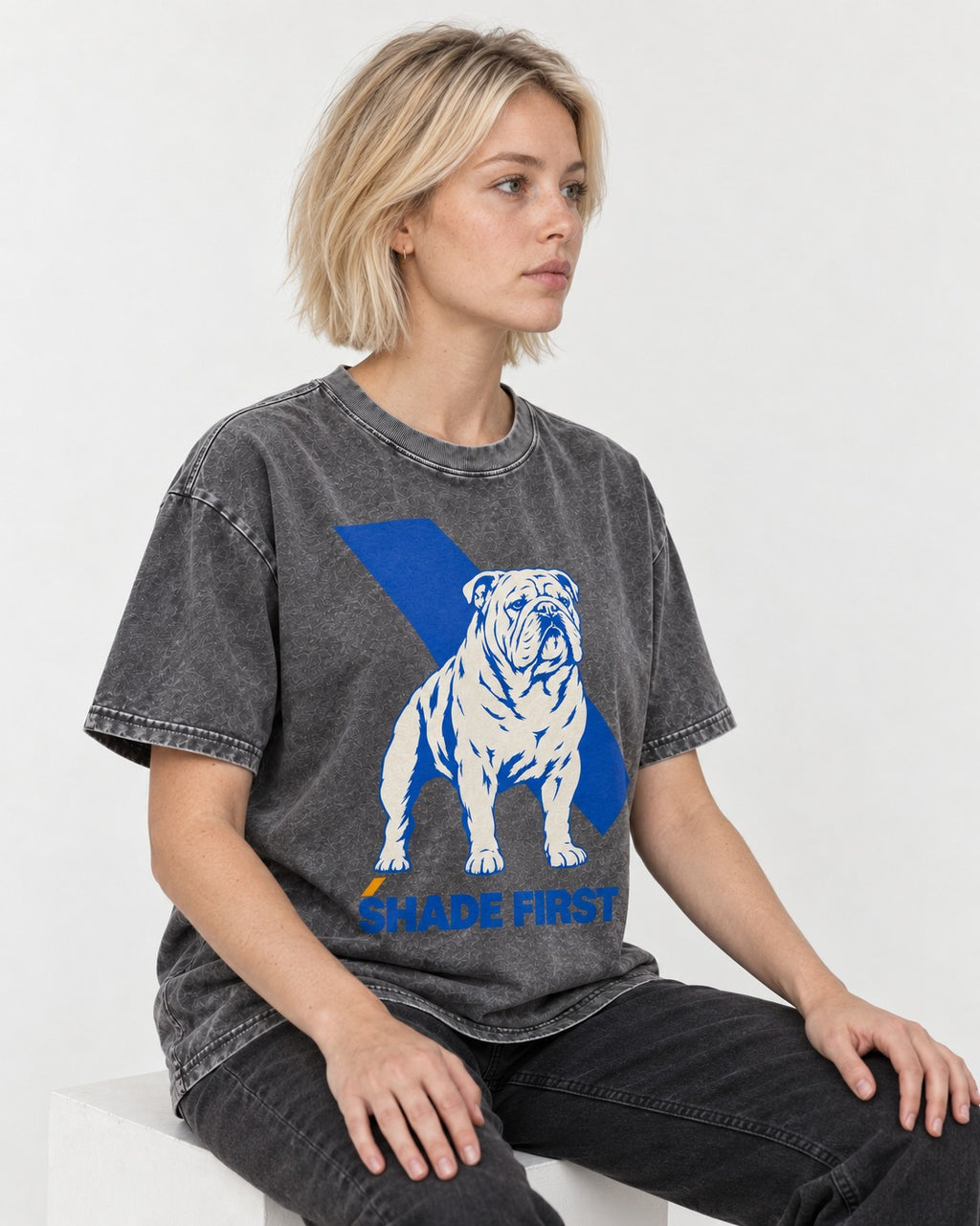 Shade First English Bulldog Washed Tee in Gray, worn by a seated model
