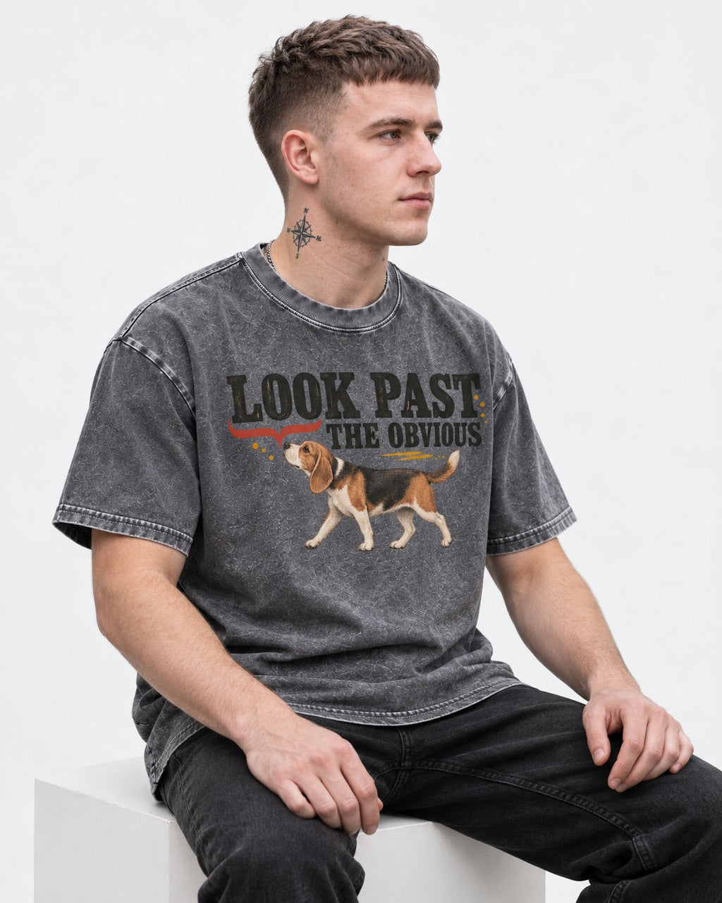 Beagle Look Past the Obvious Washed Tee in Gray, worn by a seated model