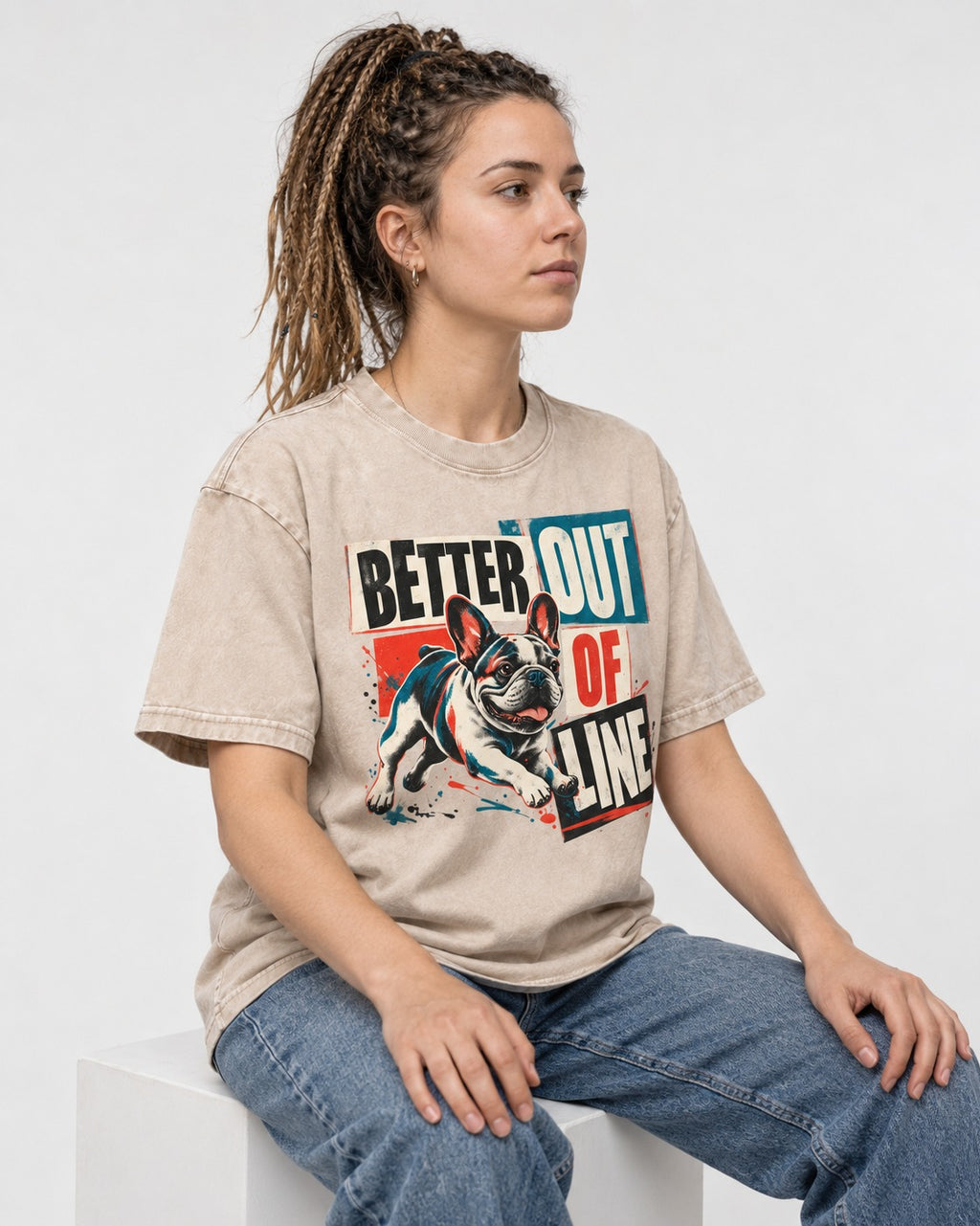 Frenchie Better Out of Line Running Graphic Washed Tee in Apricot, worn by a seated model