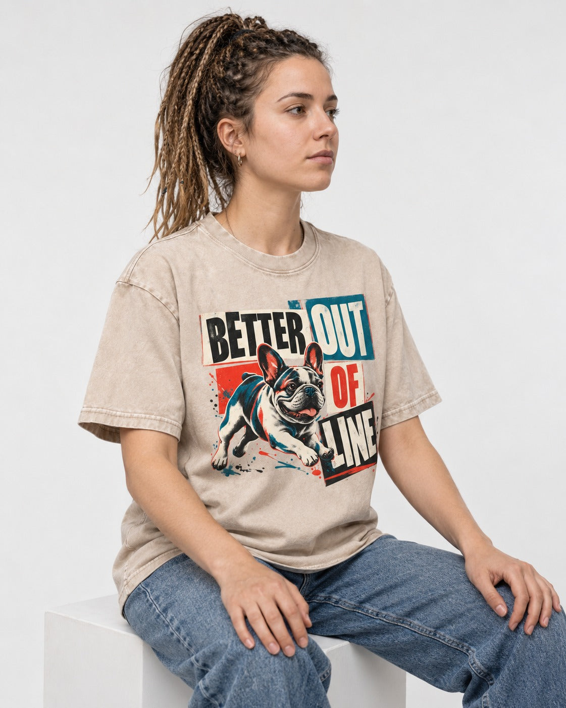 Frenchie Better Out of Line Running Graphic Washed Tee in Apricot, worn by a seated model