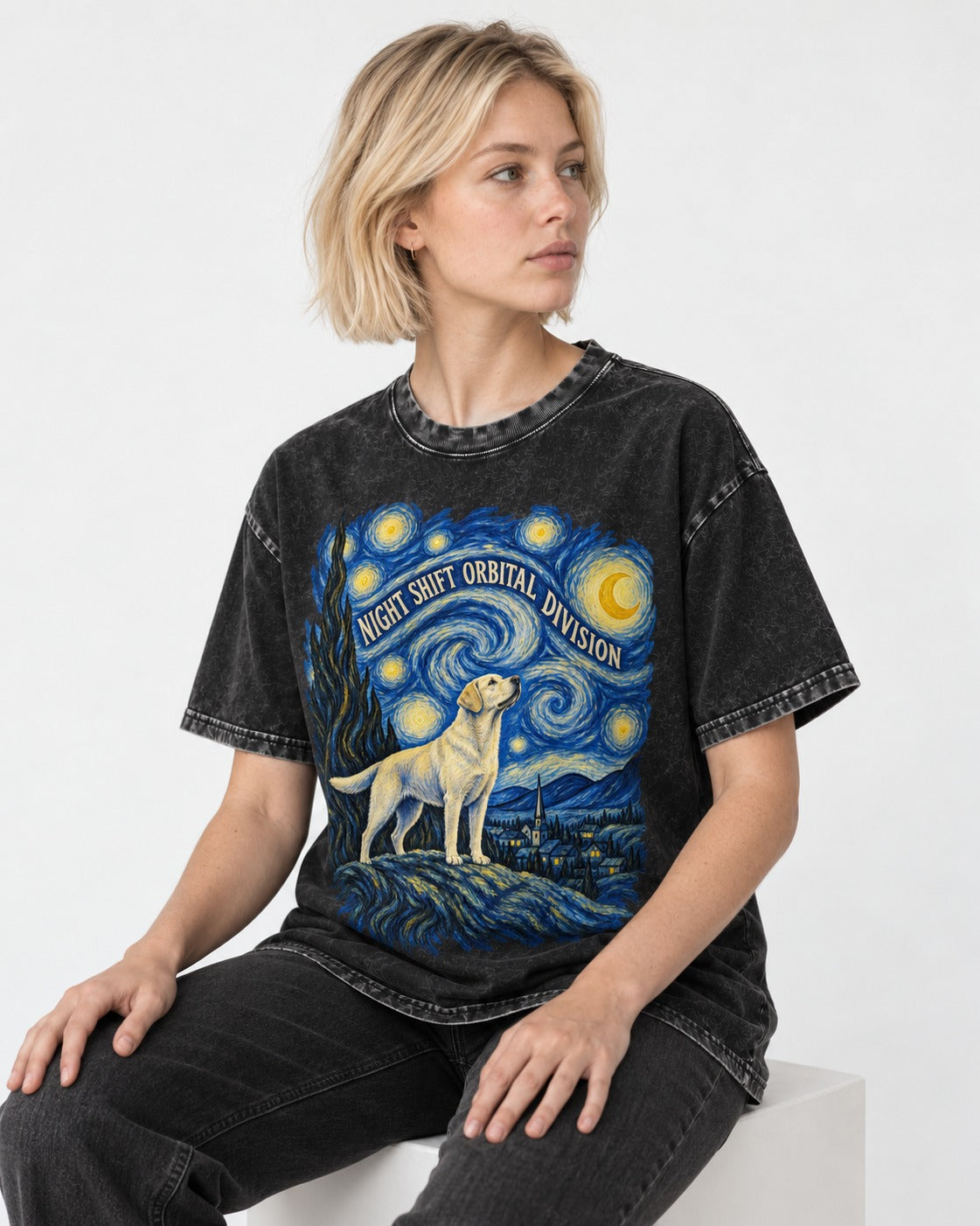 Labrador Retriever Night Shift Orbital Division Starry Night Graphic Washed Tee in Black, worn by a seated model