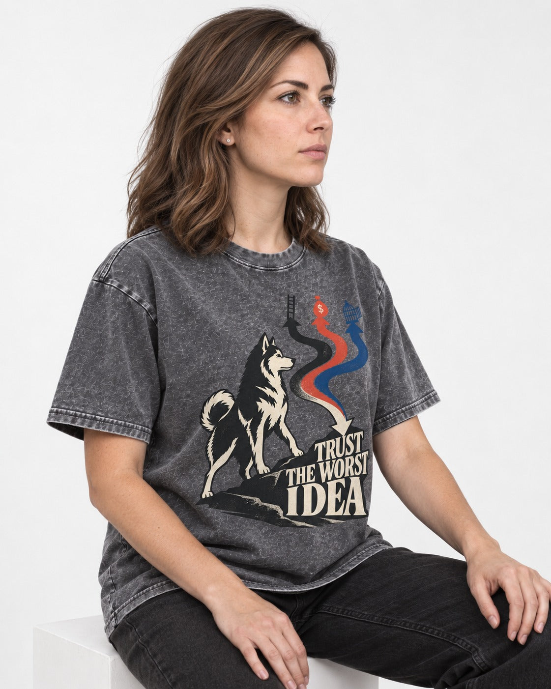Trust the Worst Husky Idea Washed Tee in Gray, worn by a seated model